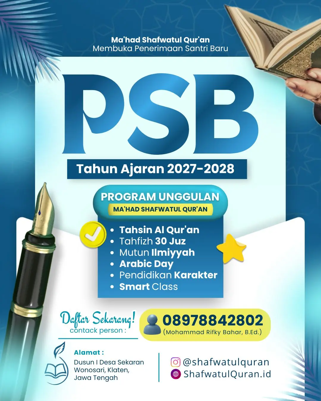 Penerimaan Santri Baru Ma'had Shafwatul Qur'an Tahun Ajaran 2027–2028